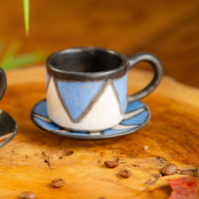 Handmade Ceramic Coffee Cups with Handle Blue:White Triangles