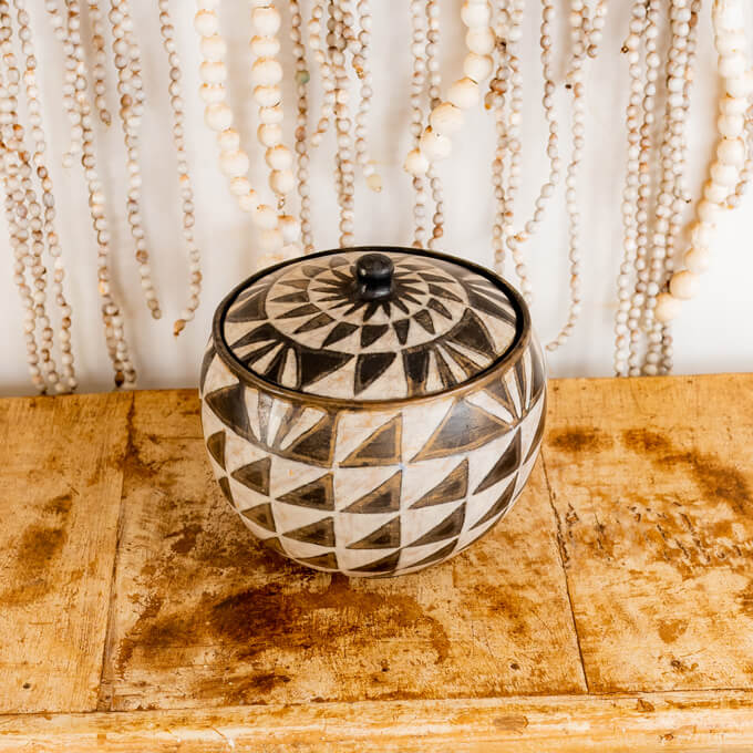 Handmade Ceramic Dish with lid black white shapes - Afrotide Crafts