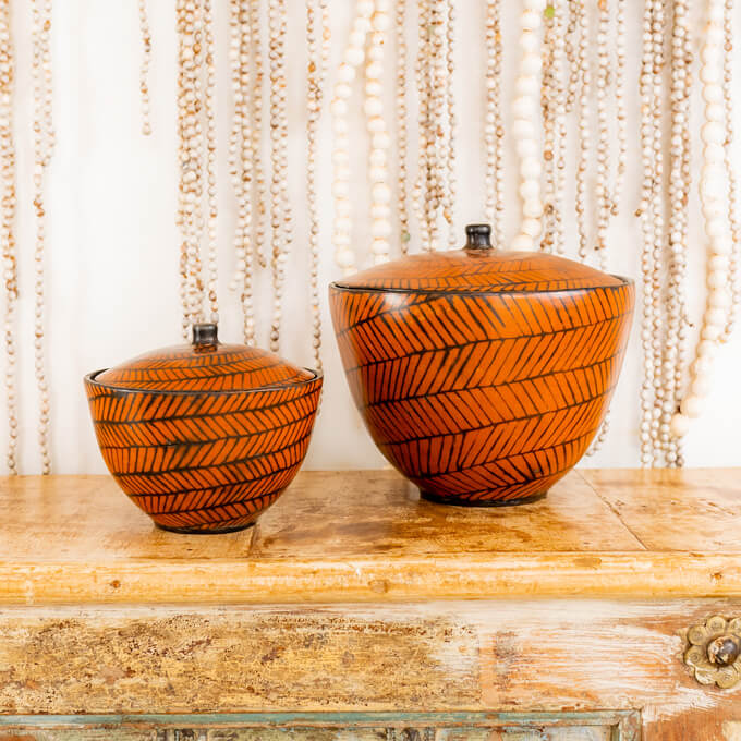 Handmade Ceramic Dish with lid orange stripped - Afrotide Crafts